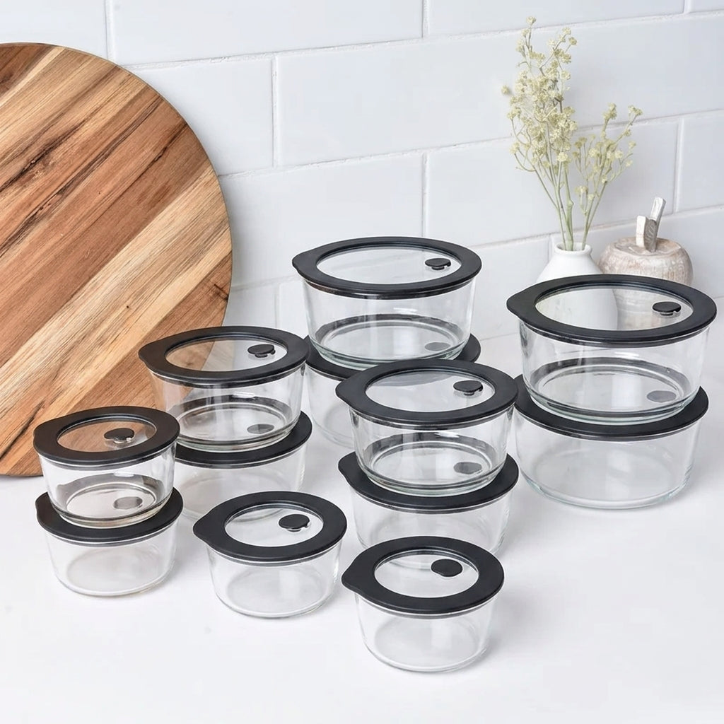 Meal Prep Glass Food Storage Containers - 12 Set Black - Round