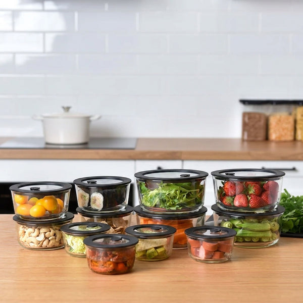 Meal Prep Glass Food Storage Containers - 12 Set Black - Round