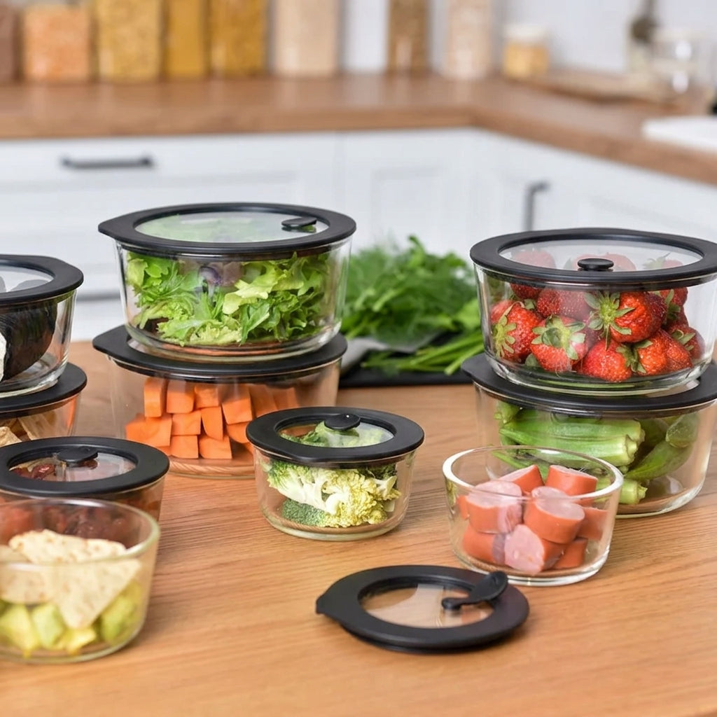 Meal Prep Glass Food Storage Containers - 12 Set Black - Round