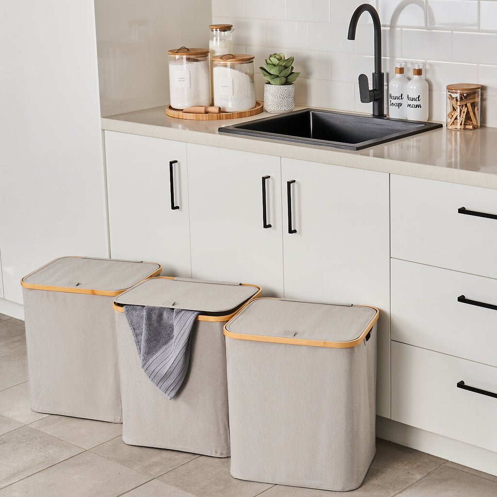 Laundry Basket w/ Lid Light Grey 3 Set