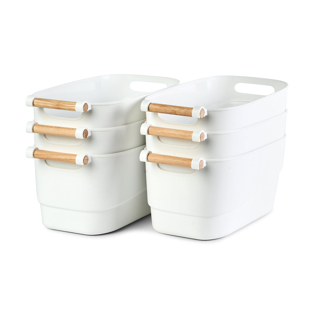 Medium White Pantry Storage Tub w/ Wooden Handle 6 Pack