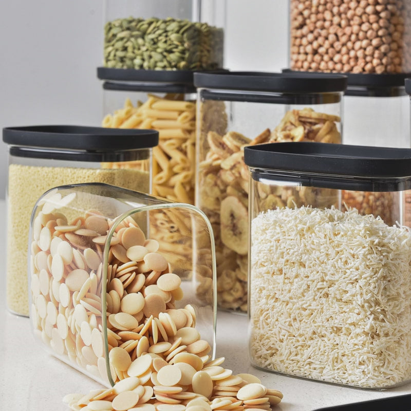 Rectangle Glass Pantry Storage Jars - Black - 18 Set