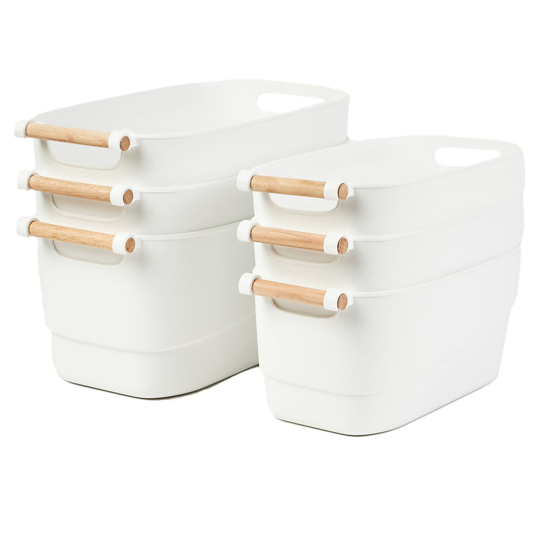 White Storage Tub w/ Wooden Handle - Mixed 6 Pack